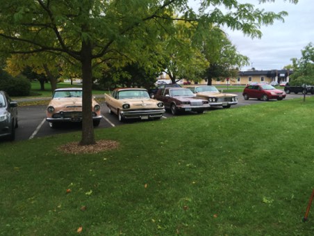 Our cars in the lot - 56 DeSoto, 57 DeSoto, 90 Imperial, 63 Imperial, 2016 Jeep (way over to the right)